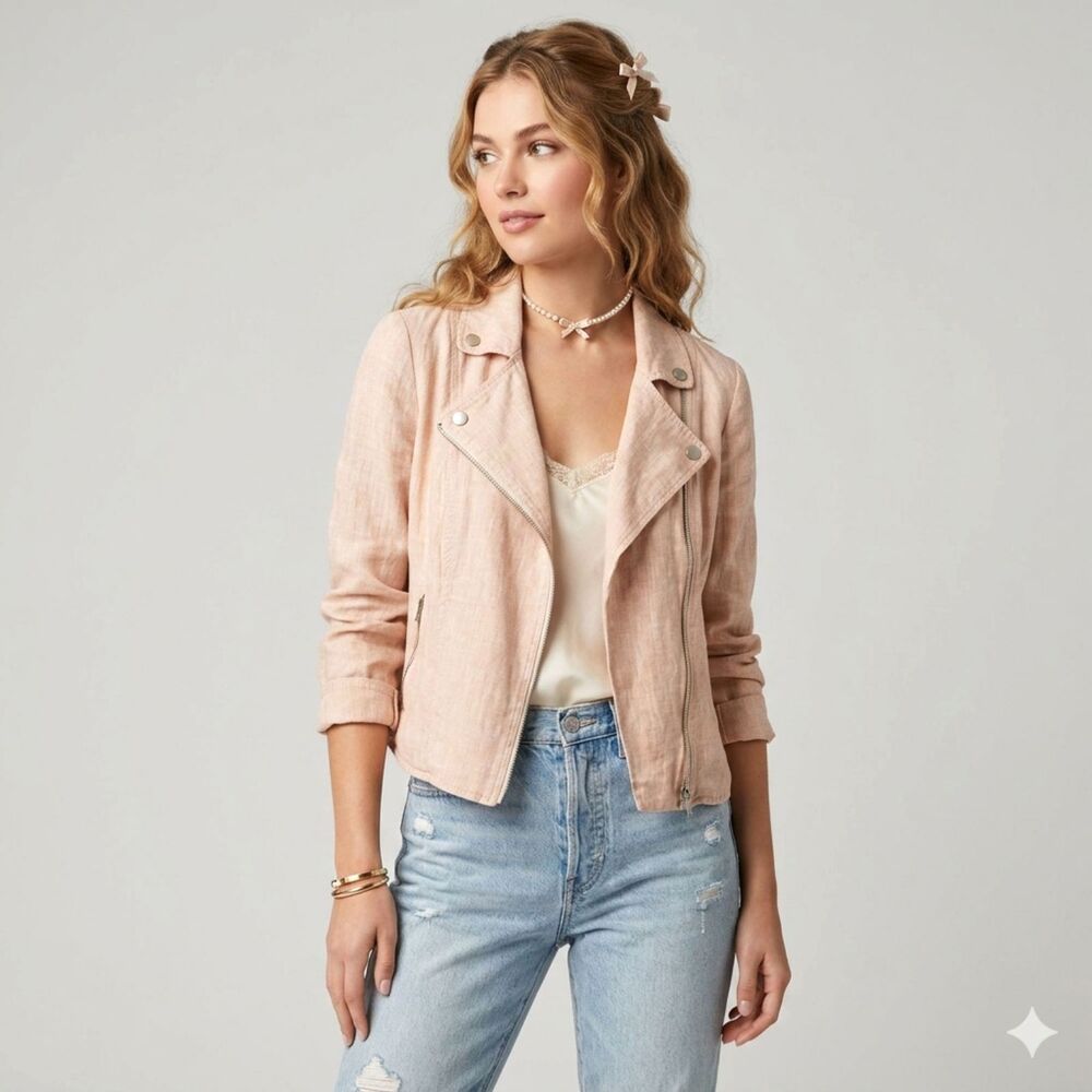 Lou & Grey Linen Moto Jacket Small Blush Pink Coral Lightweight Full Zip Biker